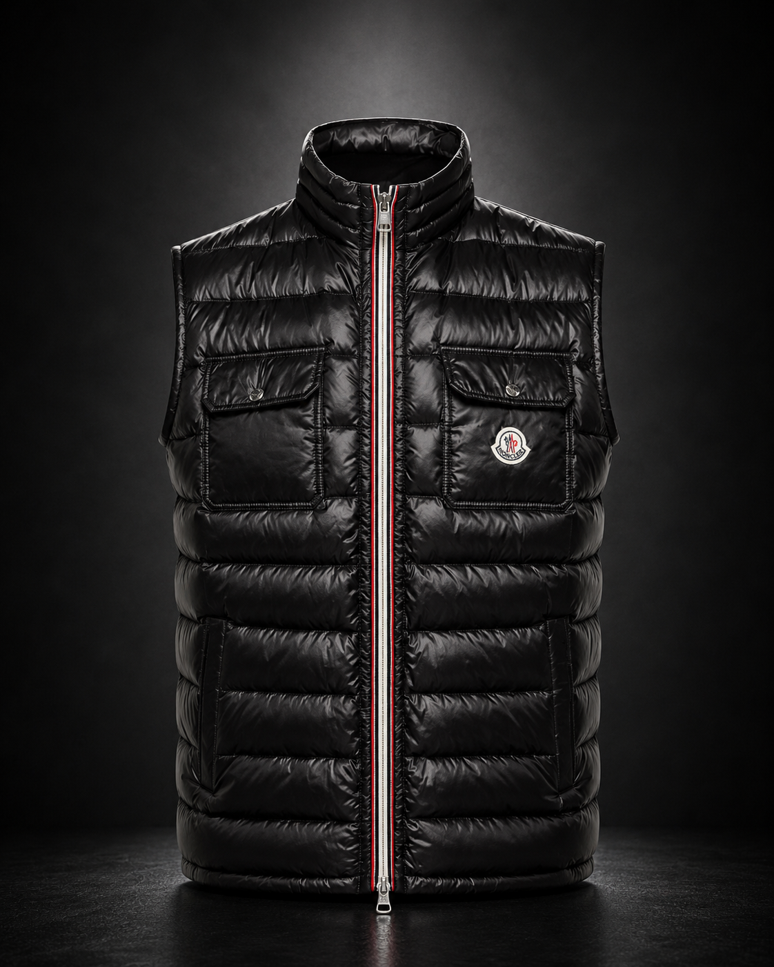 Moncler Achille dunväst svart tricolor dragkedja