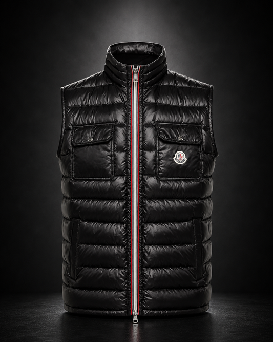 Moncler Achille dunväst svart tricolor dragkedja