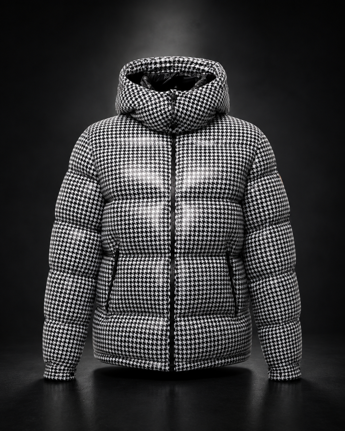 Moncler Houndstooth dunjacka svart vit hahnentritt huva
