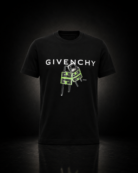 Givenchy svart t-shirt med 4G hänglåsprint och GIVENCHY Paris-text