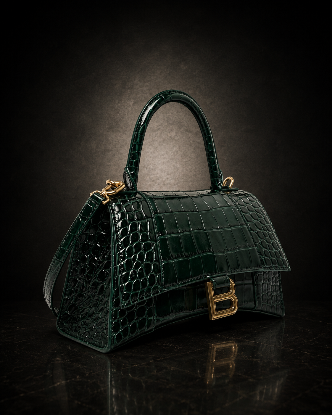 Balenciaga Hourglass handväska skogsgrön krokodilpräglad läder med gulddetaljer