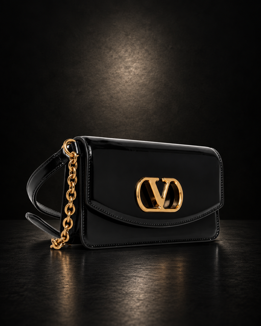 Valentino VLogo Chain Bag in black patent leather with gold chain strap