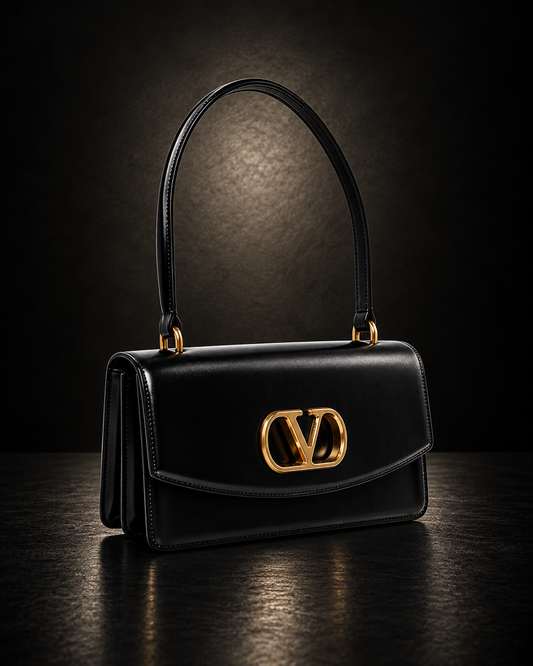 Valentino Garavani VLogo Signature Top Handle Bag in black calfskin leather with gold hardware