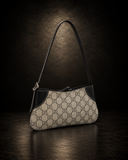 Gucci GG Supreme canvas hobo shoulder bag with black leather trim and silver hardware